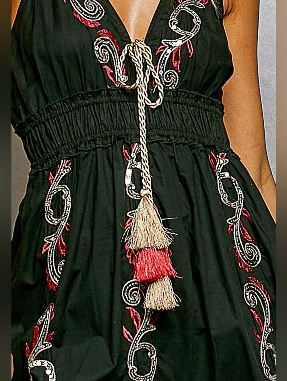 POL Embroidered Detail Tassel Tie Smocked Waist Midi Tiered Slip Dress - Black - Picture 3 of 5